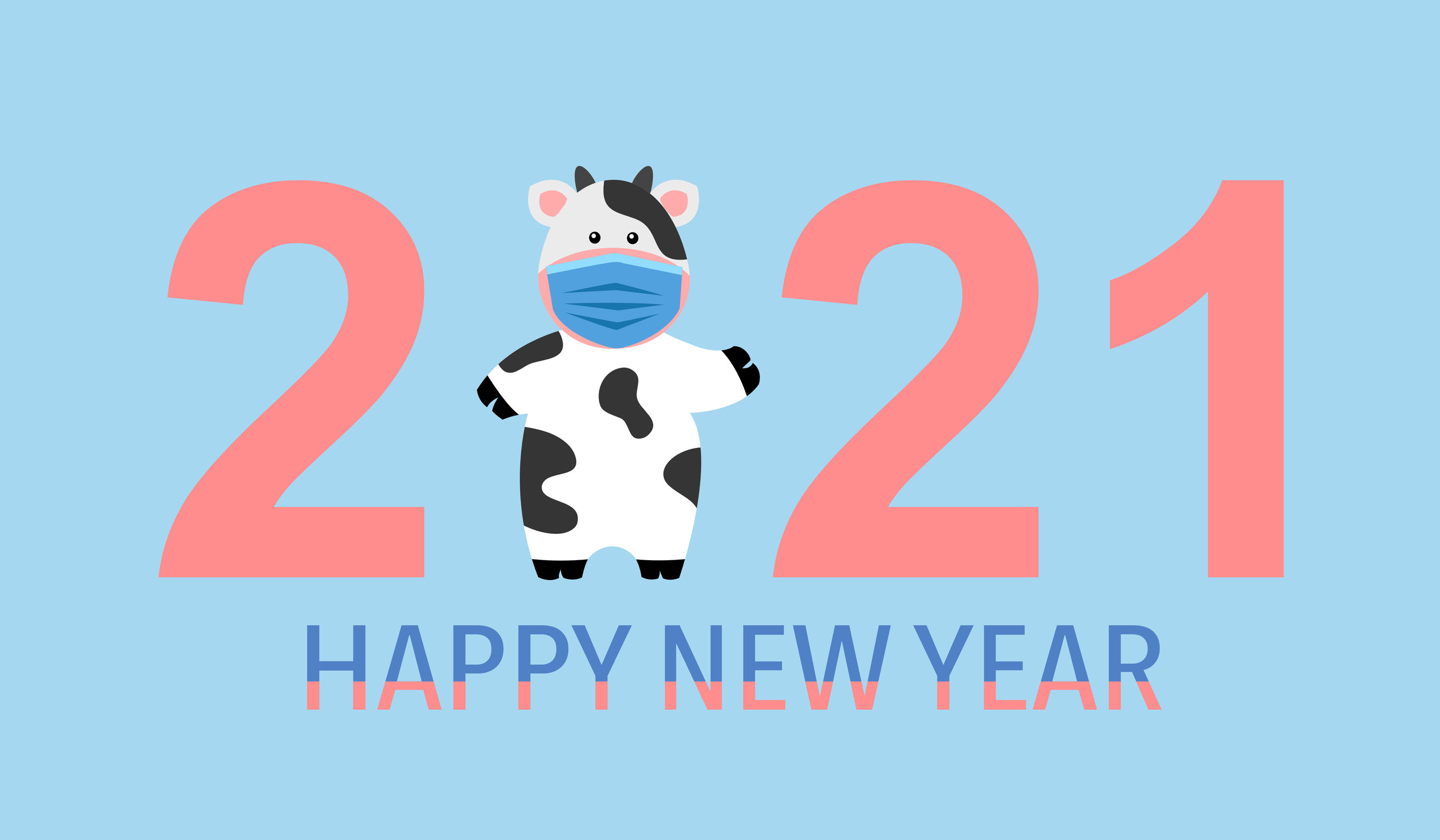 Christmas Cow wearing a mask and standing next to a sign that reads 2021